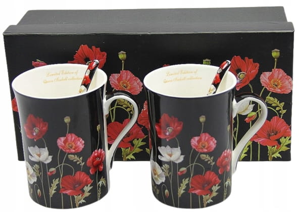 KOMPLET 2 porcelanowych, czarnych KUBKÓW Z ŁYŻECZKAMI wzór MAKI o pojemności 250ML w ozdobnym prezentowym pudełku