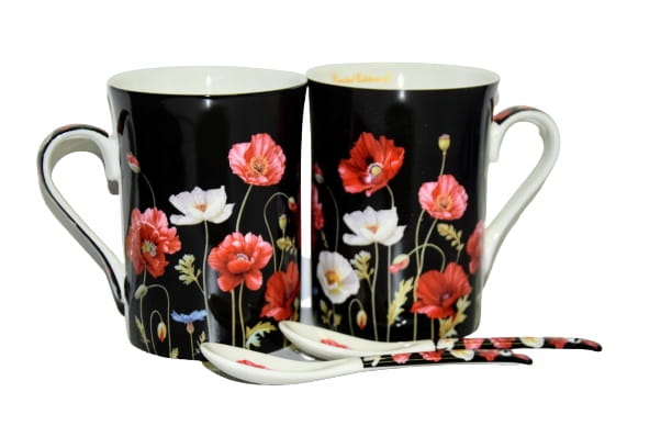 KOMPLET 2 porcelanowych, czarnych KUBKÓW Z ŁYŻECZKAMI wzór MAKI o pojemności 250ML w ozdobnym prezentowym pudełku