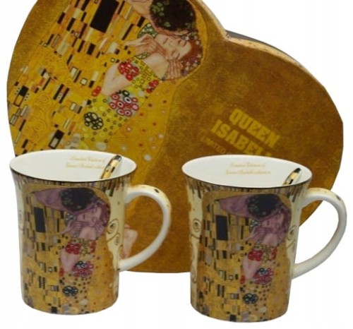 KLIMT KOMPLET 2 KUBKÓW PORCELANOWYCH O POJEMNOŚCI  350ML Z ŁYŻECZKAMI Z SERII ART GALLERY - G. KLIMT "POCAŁUNEK" BEŻOWY W PUDEŁKU PREZENTOWYM W KSZTAŁCIE SERCA