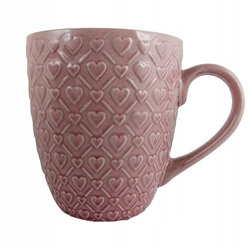 KUBEK CERAMICZNY RÓŻOWY 540ML Z WYTŁACZANYMI SERDUSZKAMI