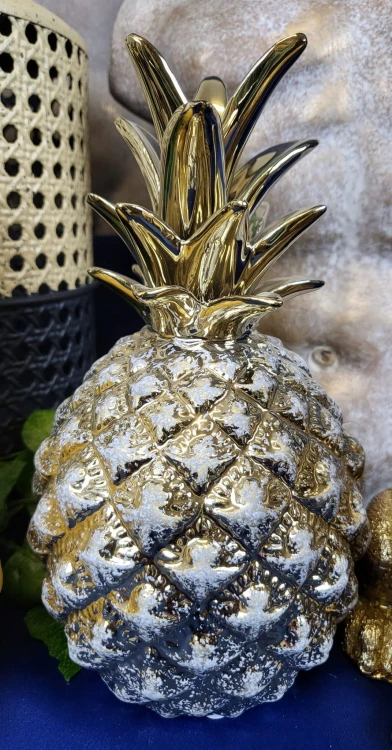 FIGURKA ANANAS DEKORACYJNY ZŁOTY PRZECIERANY 19,5CM