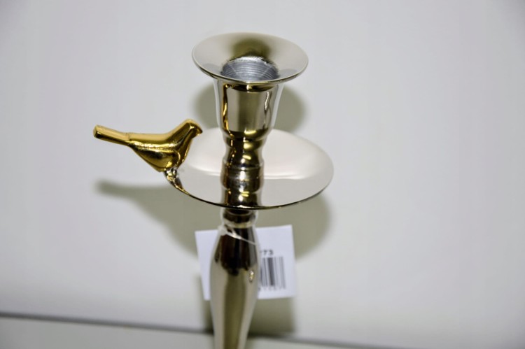 ŚWIECZNIK METALOWY SREBRNY Z PTASZKIEM premium