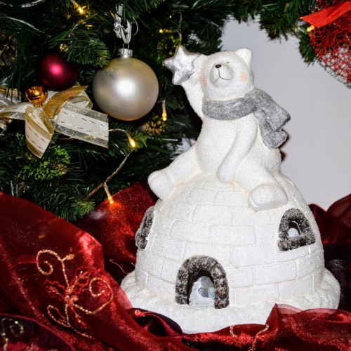 FIGURKA MIŚ NA IGLOO LED, H 30 CM