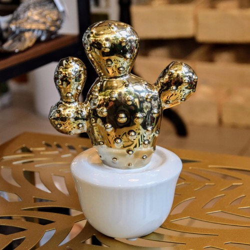 DEKORACJA OZDOBA KAKTUS CERAMICZNY BIAŁO ZŁOTY