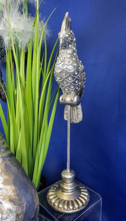 FIGURKA PAPUGA SREBRNA Z CYRKONIAMI 33 CM