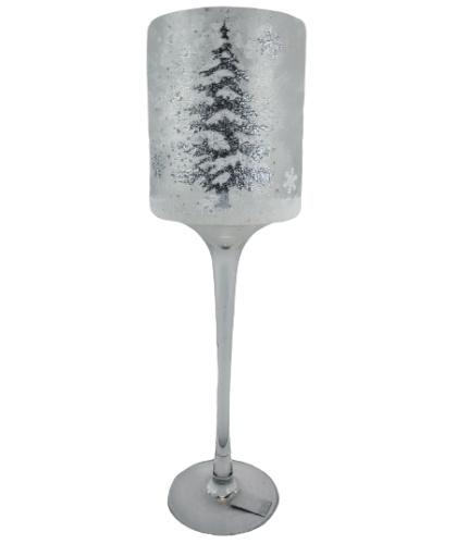 ŚWIECZNIK KIELICH ZE SREBRNĄ CHOINKĄ ŚWIĘTA 30CM