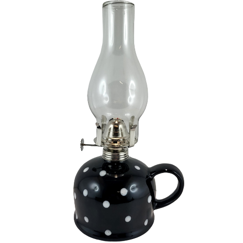 LAMPA NAFTOWA Z CERAMICZNĄ CZARNĄ PODSTAWĄ W GROCHY