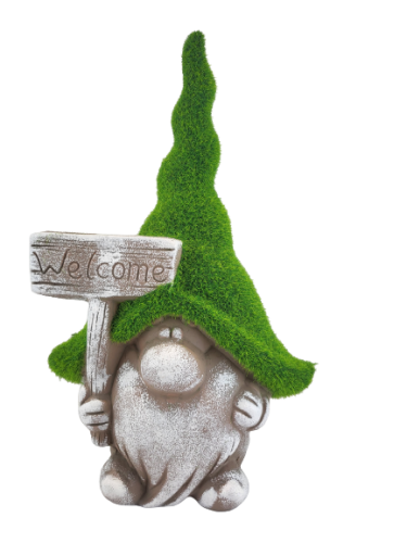 CERAMICZNY KRASNAL Z TABLICZKĄ WELCOME W ZIELONEJ CZAPCE 31cm