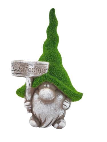 CERAMICZNY KRASNAL Z TABLICZKĄ WELCOME W ZIELONEJ CZAPCE 31cm