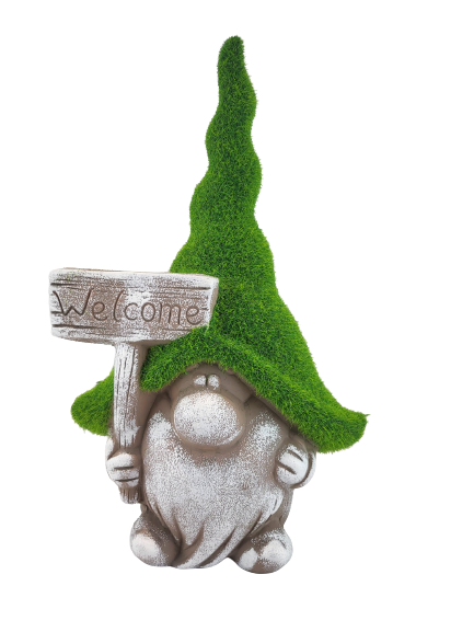 CERAMICZNY KRASNAL Z TABLICZKĄ WELCOME W ZIELONEJ CZAPCE 31cm