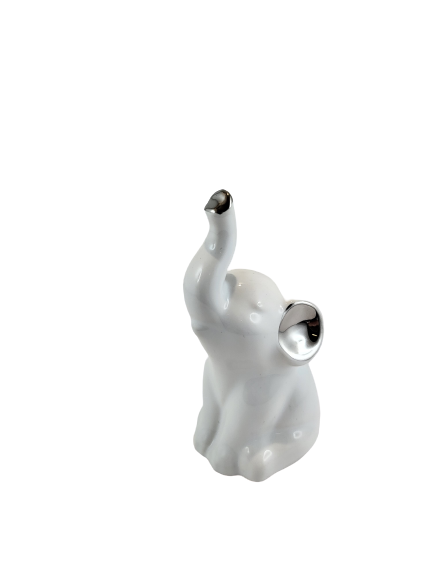 FIGURKA SŁOŃ SŁONIK  SIEDZĄCY CERAMICZNY BIAŁO-SREBRNY