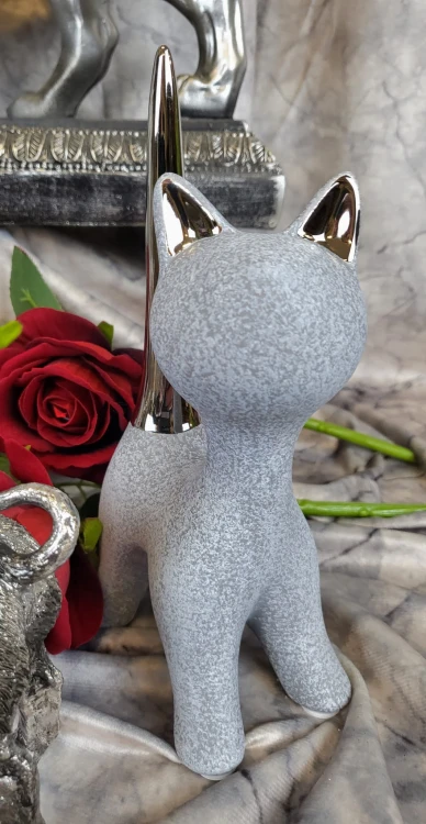 KOT KOTEK CERAMICZNY SZARO SREBRNY NA PIERŚCIONKI