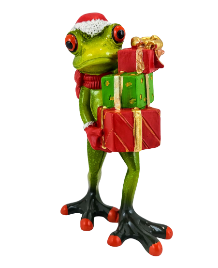 ŚWIĄTECZNA FIGURKA ŻABA Z PREZENTAMI