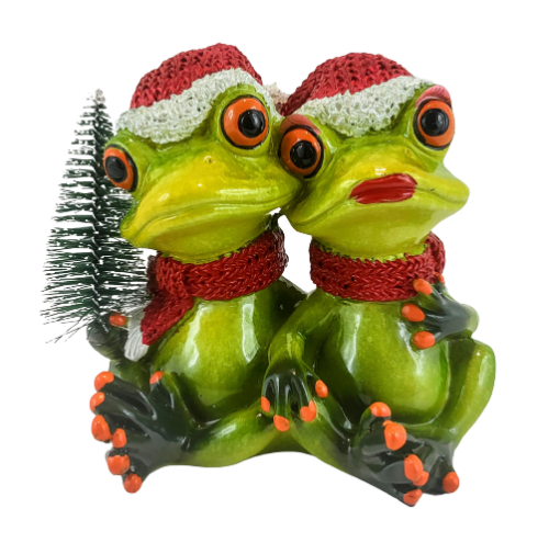 ŚWIĄTECZNA FIGURKA PARA ŻAB W CZAPKACH Z CHOINKĄ