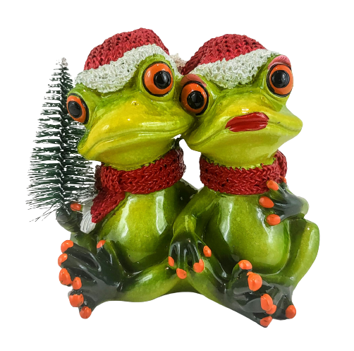 ŚWIĄTECZNA FIGURKA PARA ŻAB W CZAPKACH Z CHOINKĄ