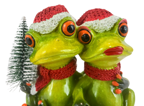 ŚWIĄTECZNA FIGURKA PARA ŻAB W CZAPKACH Z CHOINKĄ
