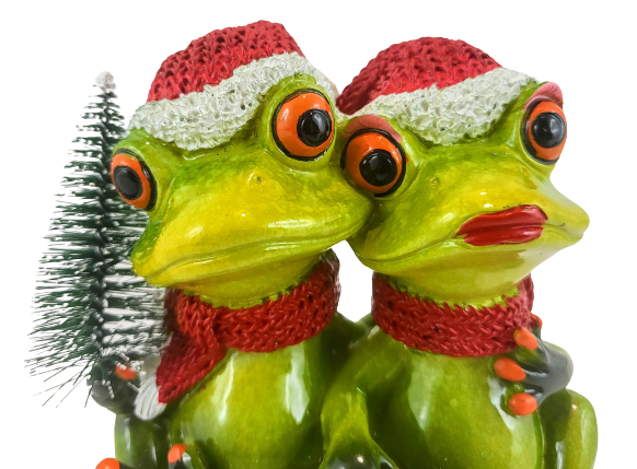 ŚWIĄTECZNA FIGURKA PARA ŻAB W CZAPKACH Z CHOINKĄ
