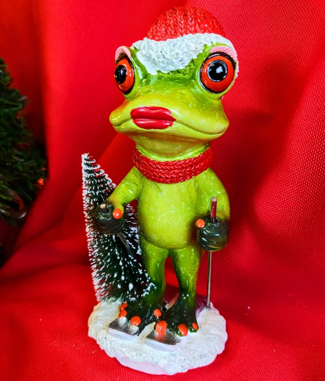 ŚWIĄTECZNA FIGURKA PANI ŻABA W CZAPCE MIKOŁAJA