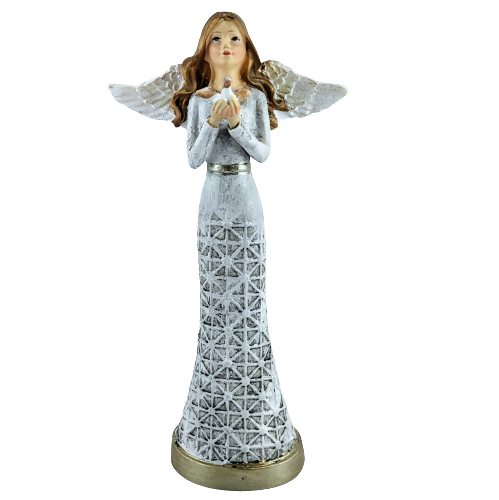 FIGURKA ANIOŁ Z GOŁĘBIEM W AŻUROWEJ SUKIENCE 20CM