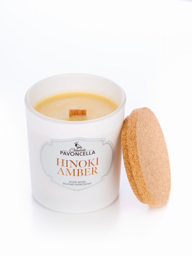 NATURALNA ŚWIECA SOJOWO-KOKOSOWA O ZAPACHU HINOKI AMBER 135G BIAŁA
