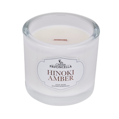 NATURALNA ŚWIECA SOJOWO-KOKOSOWA O ZAPACHU HINOKI AMBER 170G BIAŁA