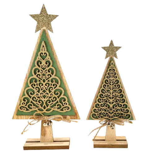 FIGURKA DREWNIANA ZIELONO ZŁOTA CHOINKA 23CM