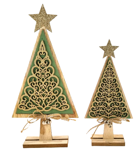 FIGURKA DREWNIANA ZIELONO ZŁOTA CHOINKA 23CM