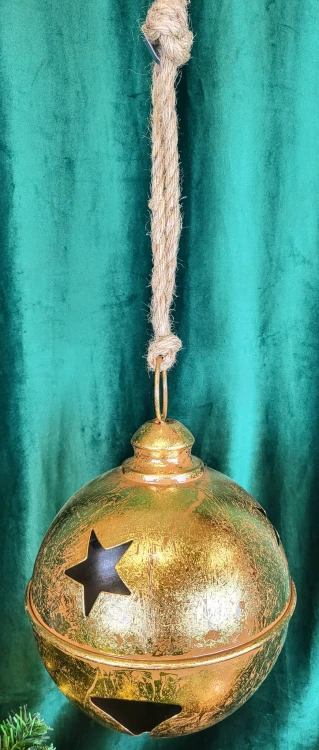 METALOWY ZŁOTY DZWONEK Z GWIAZDĄ NA SZNURZE 20x28CM