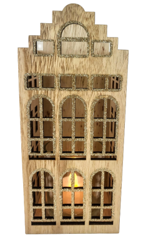 DREWNIANY ŚWIECZNIK ZE SZKŁEM DOMEK 22CM