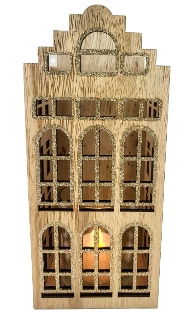 DREWNIANY ŚWIECZNIK ZE SZKŁEM DOMEK 22CM