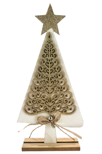 FIGURKA DREWNIANA BIAŁO ZŁOTA CHOINKA 30CM