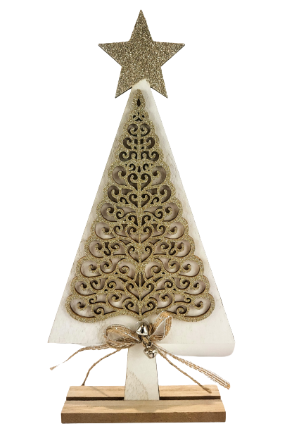 FIGURKA DREWNIANA BIAŁO ZŁOTA CHOINKA 30CM