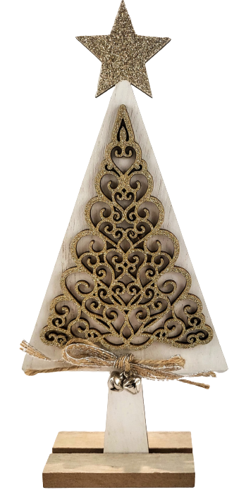 FIGURKA DREWNIANA BIAŁO ZŁOTA CHOINKA 23CM