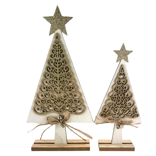 FIGURKA DREWNIANA BIAŁO ZŁOTA CHOINKA 23CM