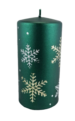 ŚWIECA FROST PŁATKI ŚNIEGU ZIELONA WALEC 14CM