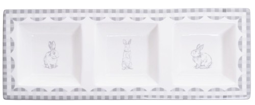 TALERZ PROSTOKĄTNY BIAŁO-SZARY Z ZAJĄCZKAMI 32CM