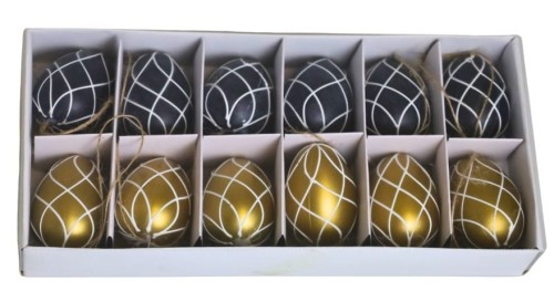 KPL. 12 ZAWIESZEK JAJEK BIAŁO-CZARNO-ZŁOTYCH 4X4X5,5 CM plastik