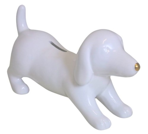SKARBONKA CERAMICZNA JAMNIK BIAŁY ZE ZŁOTYM NOSEM 19X6,5X10CM