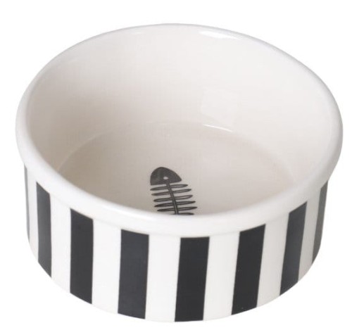 CERAMICZNA STYLOWA MISKA DLA KOTA W BIAŁO - CZARNE PASKI 12X12X5 CM