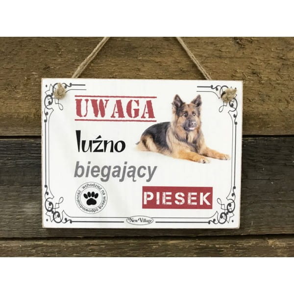 TABLICZKA DREWNIANA "LUŹNO BIEGAJĄCY PIESEK"19,5x14,5cm