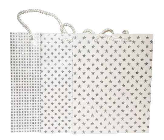 TOREBKA UPOMINKOWA BIAŁO-SREBRNA-BROKAT 42X32X12 CM 3 WZORY
