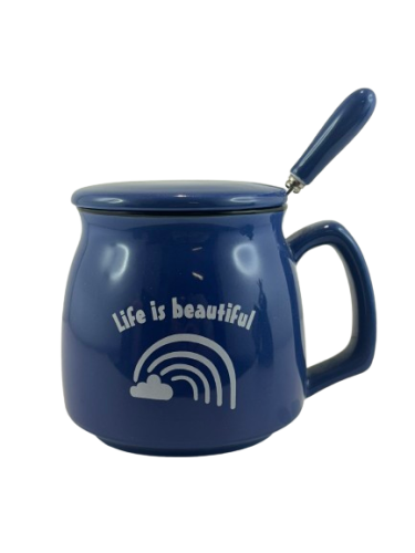KUBEK GRANATOWY Z PRZYKRYWKĄ I ŁYŻECZKĄ "LIFE IS BEAUTIFUL"