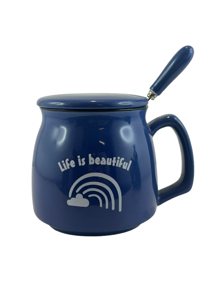 KUBEK GRANATOWY Z PRZYKRYWKĄ I ŁYŻECZKĄ "LIFE IS BEAUTIFUL"