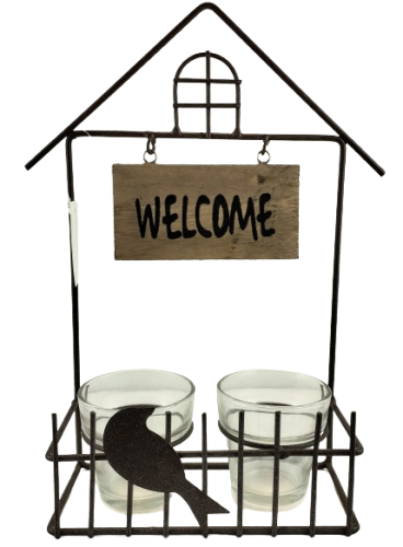 ŚWIECZNIK DOMEK METAL "WELCOME" BRĄZ Z PTASZKIEM