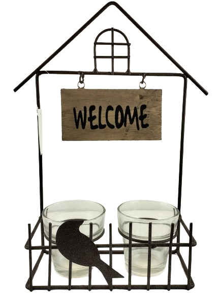 ŚWIECZNIK DOMEK METAL "WELCOME" BRĄZ Z PTASZKIEM