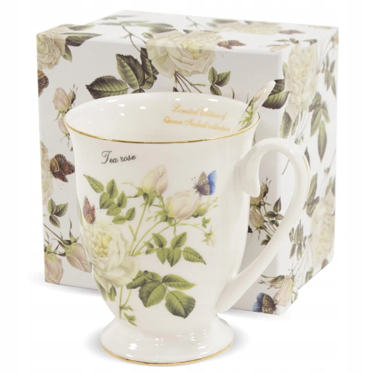 KUBEK PORCELANOWY BIAŁY W RÓŻE 300 ML W PUDEŁKU