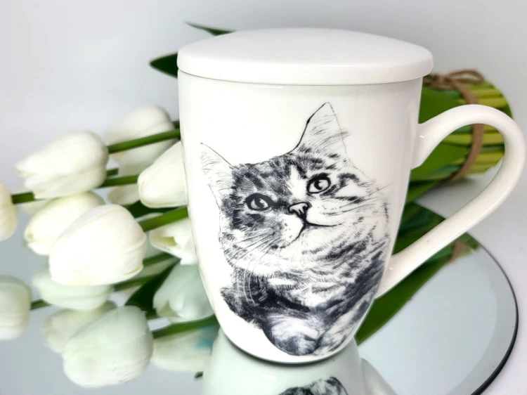 KUBEK PORCELANOWY  KOT SYBERYJSKI - PRZYKRYWKA ZAPARZACZ