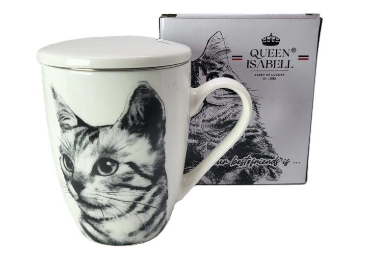 KUBEK PORCELANOWY Z ZAPARZACZEM - KOT SOKOKE