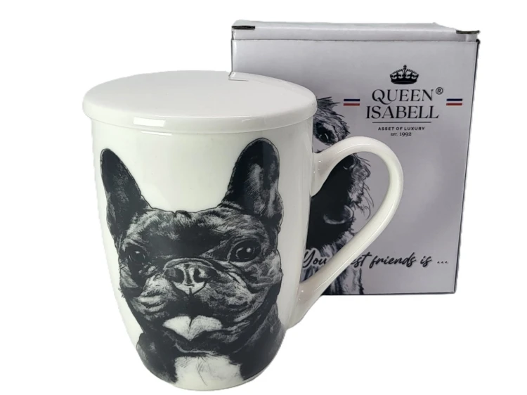 KUBEK PORCELANOWY  BULDOG FRANCUSKI- PRZYKRYWKA ZAPARZACZ