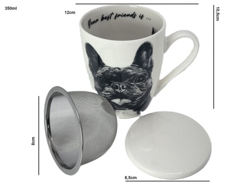 KUBEK PORCELANOWY  BULDOG FRANCUSKI- PRZYKRYWKA ZAPARZACZ